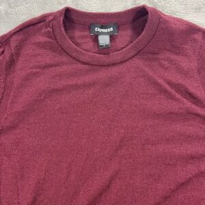 EXPRESS Crewneck Sweater Mens Medium Burgundy Maroon 100 Merino Wool .5" Hole